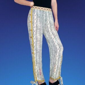 98 Coast Av. Cream & Black Tribal Casual Bohemian Beach Embroidery Pants